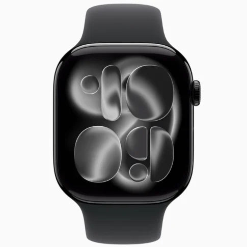 ساعة أبل سيريز 11 - شاشة LTPO OLED / سعة 64 جيجابايت / مقاس 42 مم / بلوتوث / واي فاي / حجم متوسط/كبير / هيكل من الألومنيوم الأسود اللامع مع سوار رياضي أسود