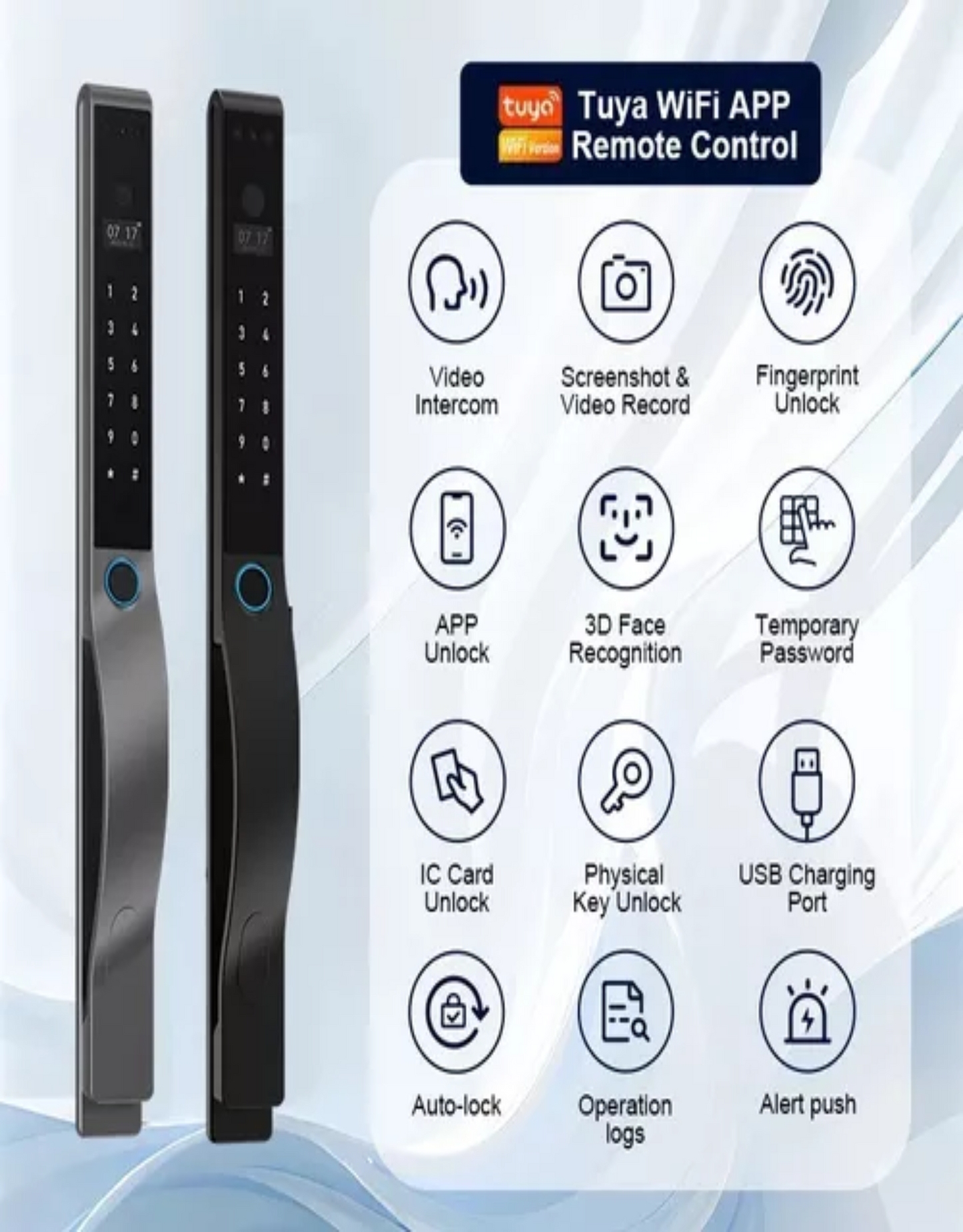 Tuya WiFi APP remote control with digital door lock on a light blue background