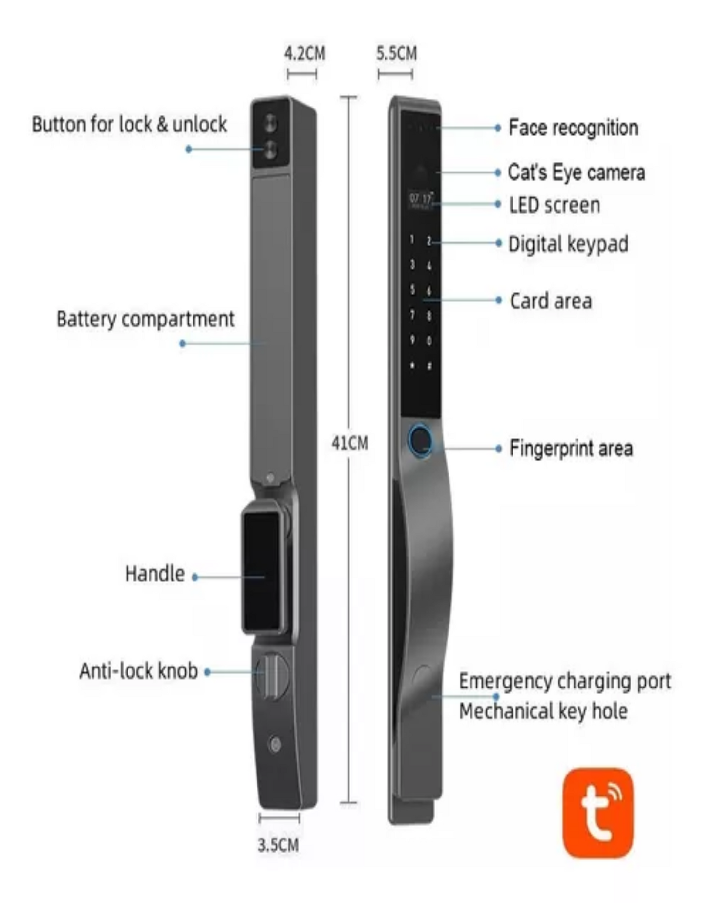 Digital door lock with labeled features and dimensions on a white background