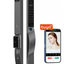 Smart door lock with Tuya logo and smartphone app interface on a white background