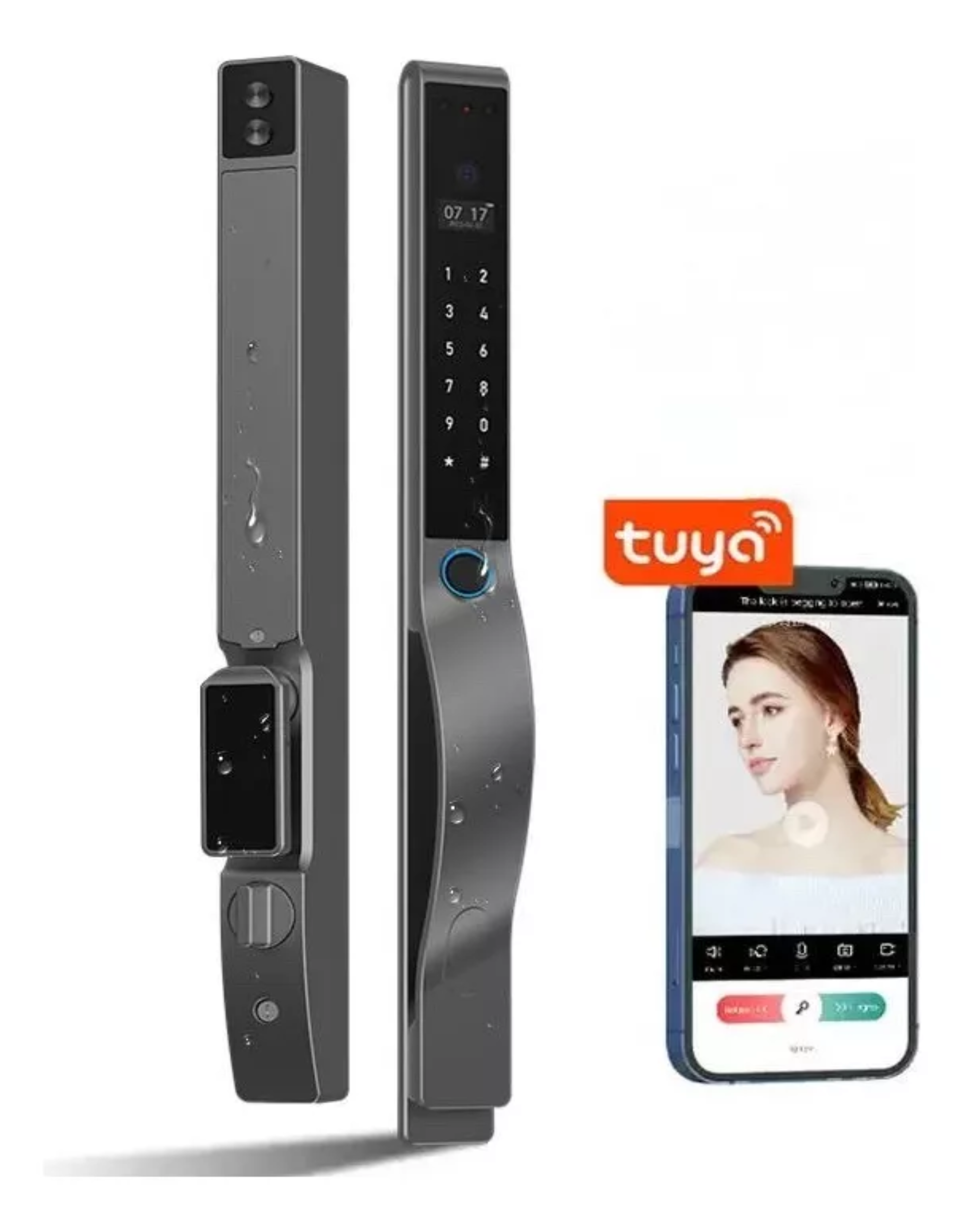 Smart door lock with Tuya logo and smartphone app interface on a white background