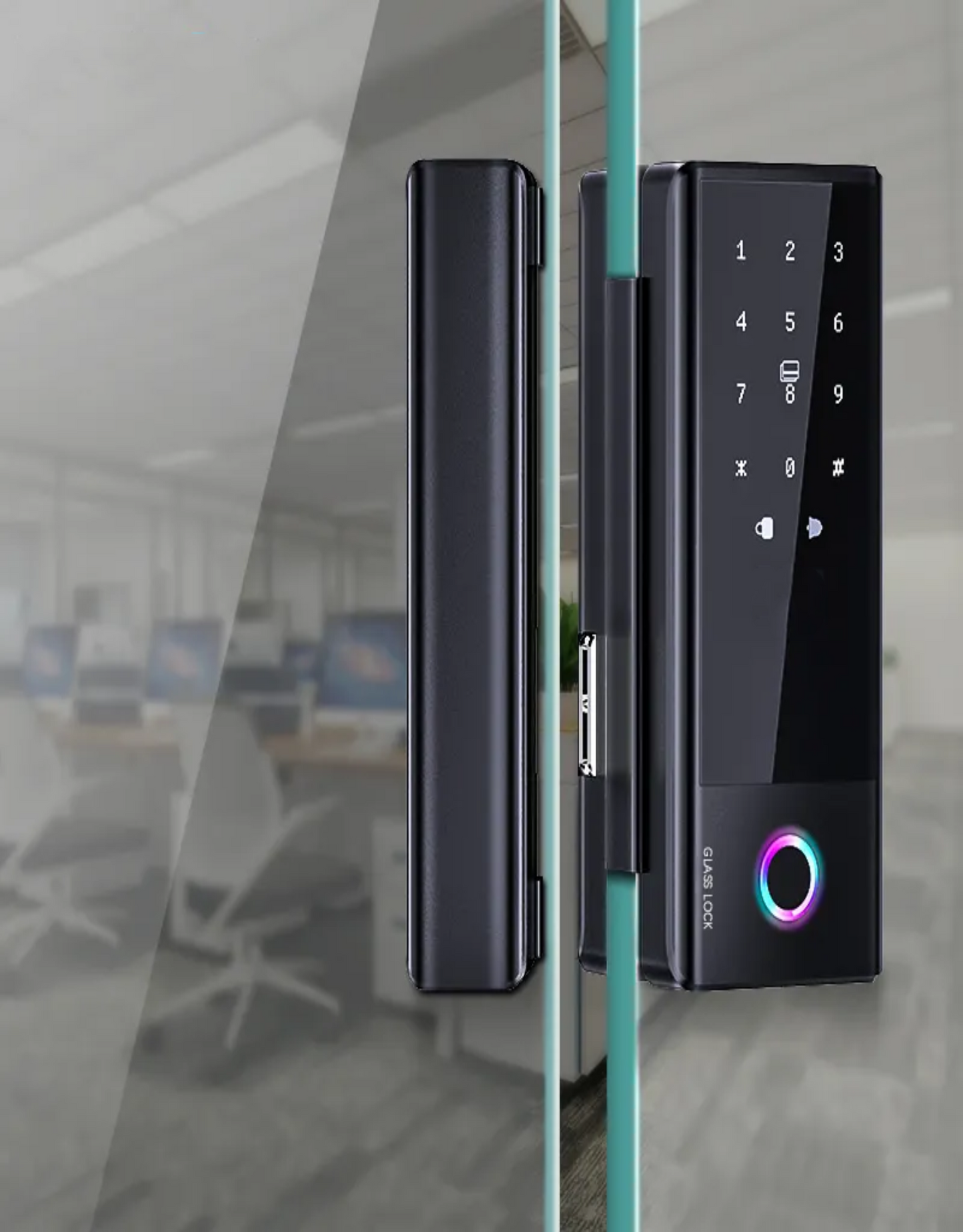 Smart door lock with digital keypad on a glass door, office interior blurred in the background