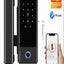 Smart door lock with digital keypad, key fob, and smartphone app on a white background.