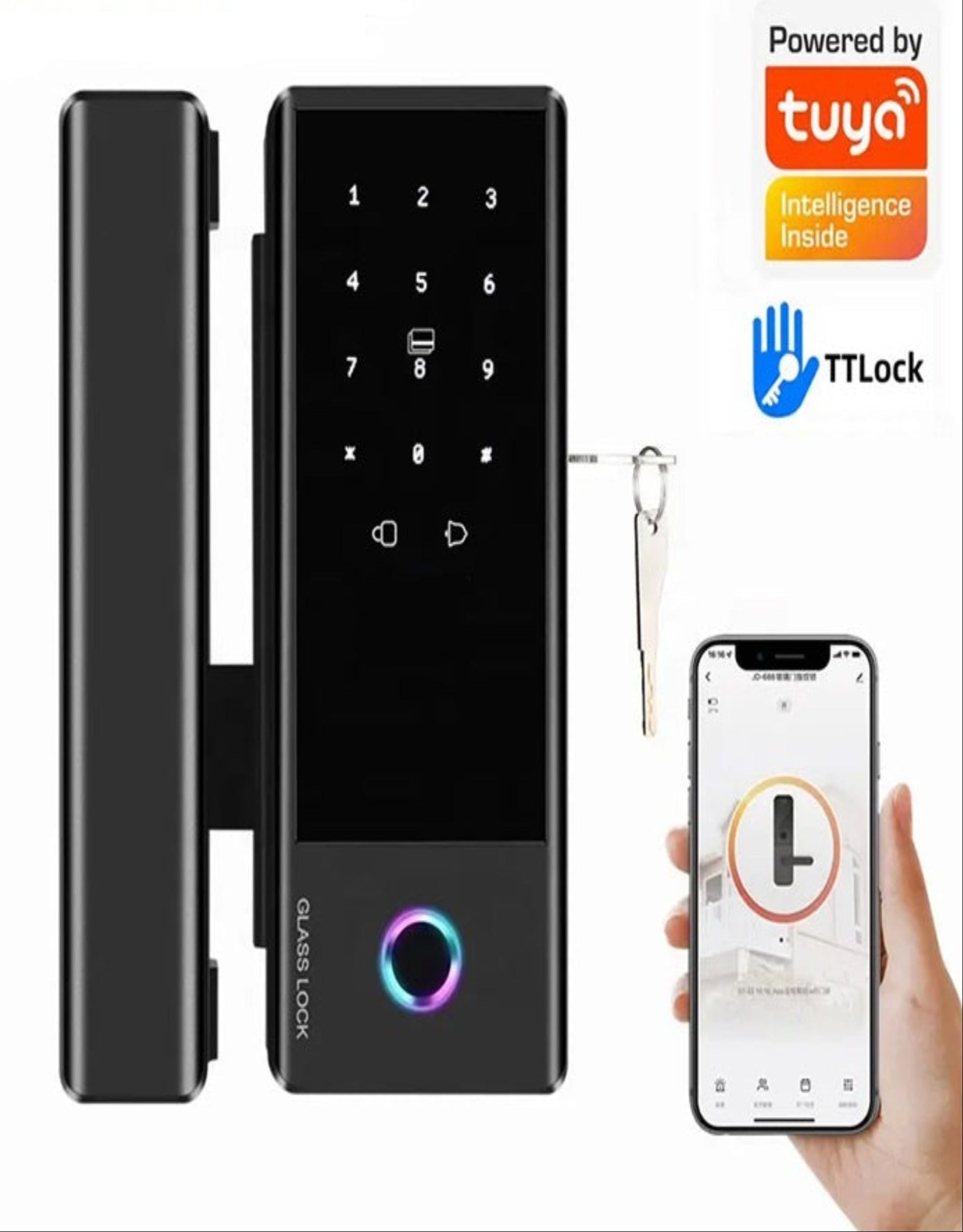 Smart door lock with digital keypad, key fob, and smartphone app on a white background.