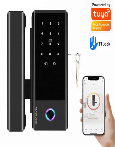 Smart door lock with digital keypad, key fob, and smartphone app on a white background.