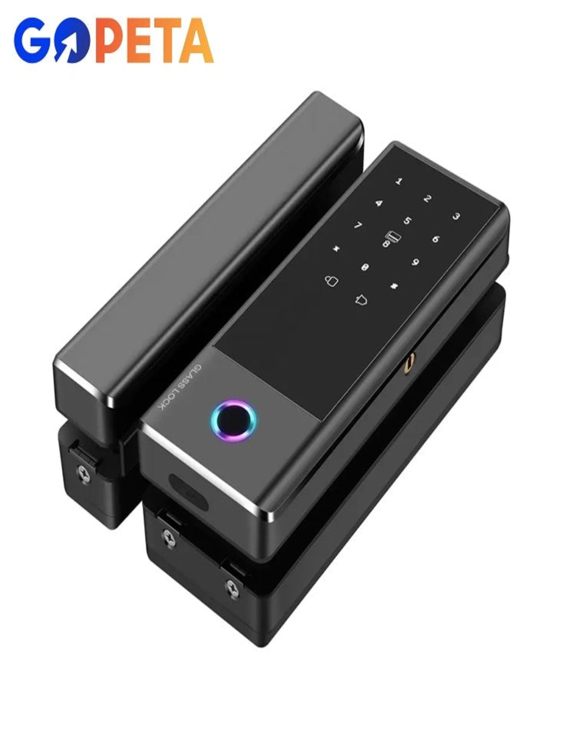 Black electronic door lock with digital display on a white background, featuring the Gopeta brand logo.