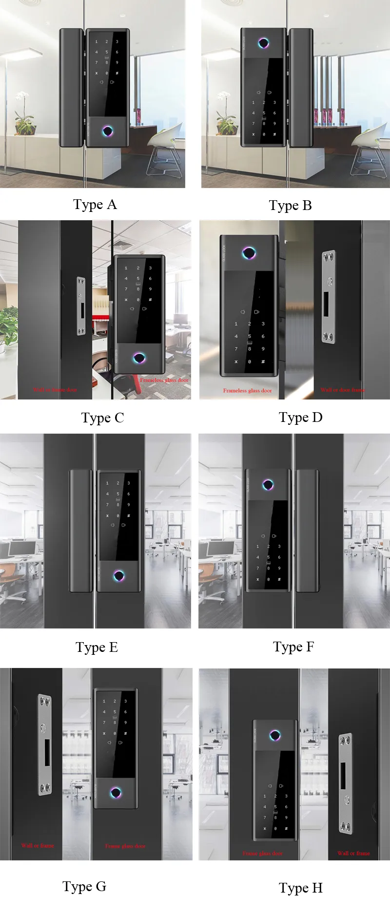 Various types of electronic door locks displayed in a grid.