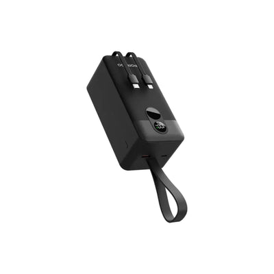 Black electronic device with a strap on a white background