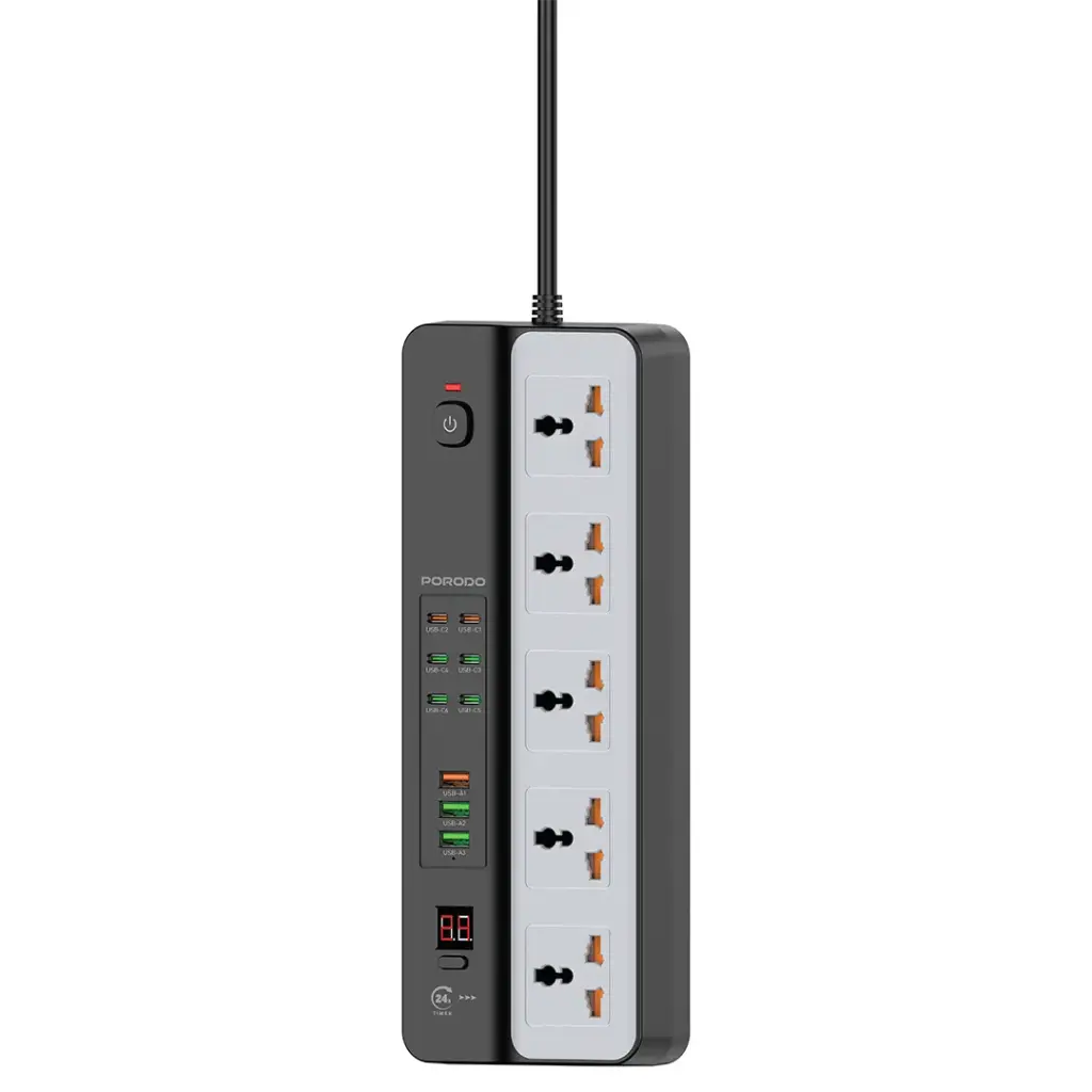 3000W Power Strip Porodo 5AC Universal 9 USB (6C+3A) Fast Charging - Black
