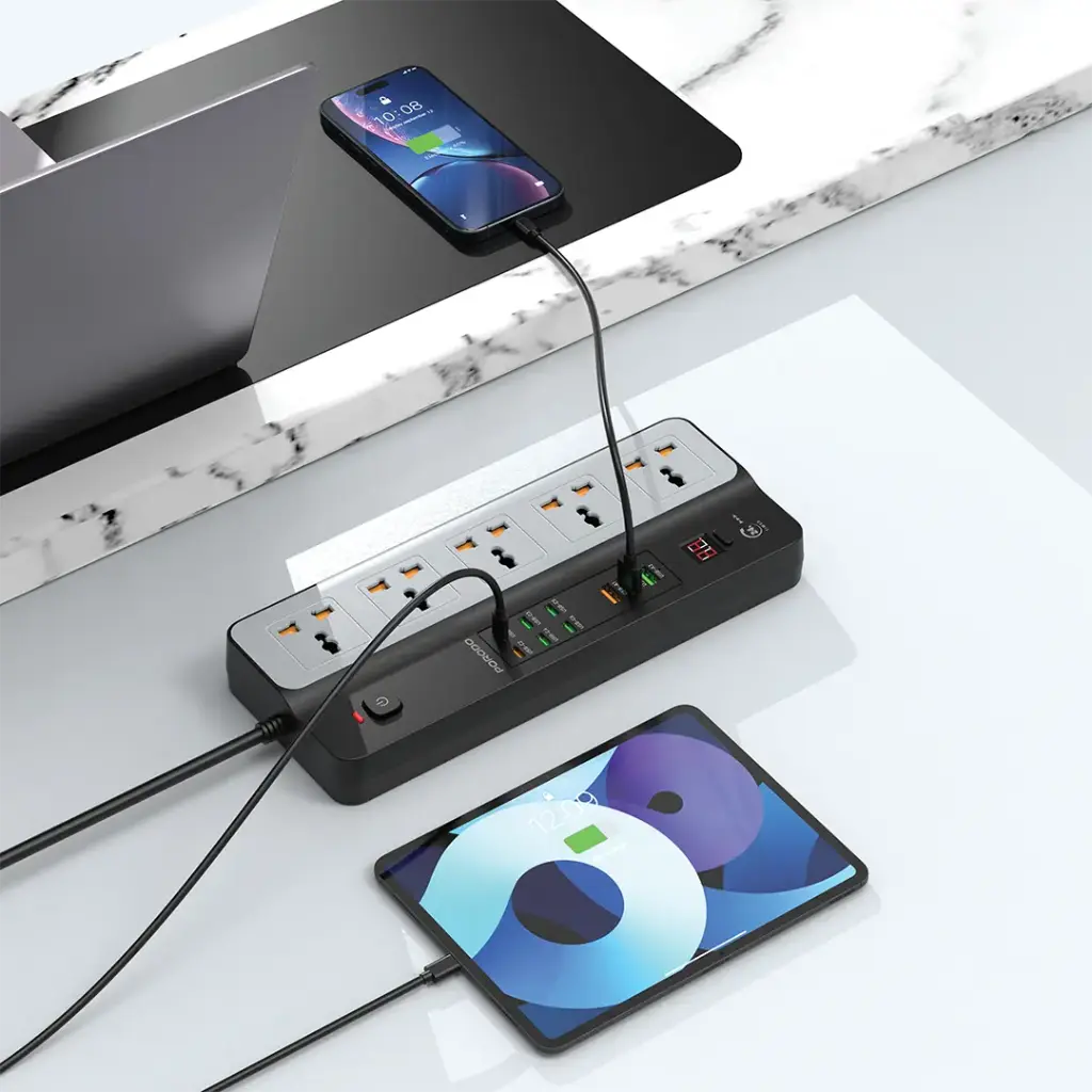 3000W Power Strip Porodo 5AC Universal 9 USB (6C+3A) Fast Charging - Black
