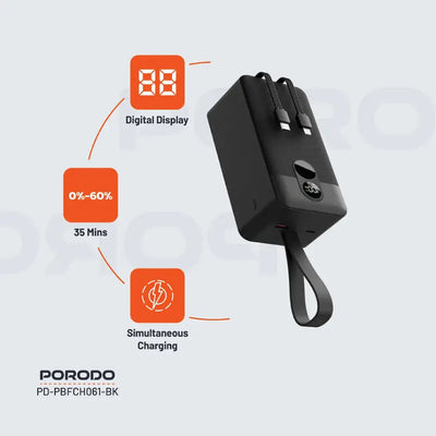 Black power adapter with digital display and charging indicators on a light gray background, featuring the Porodo brand.