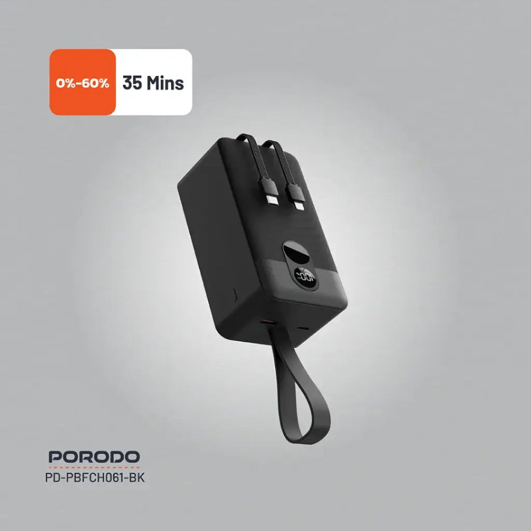 Black power bank with charging indicator on a gray background, featuring the Porodo brand.