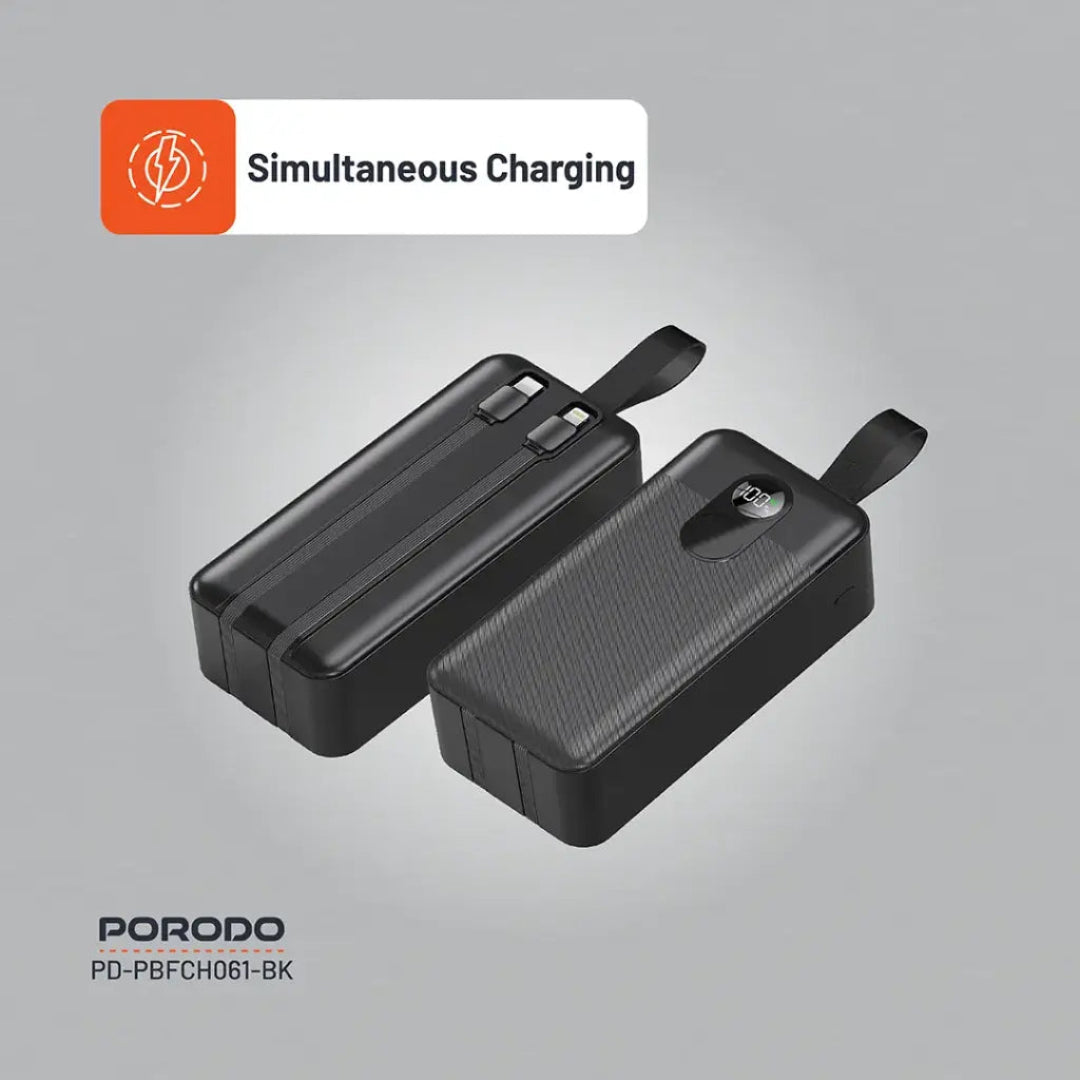 Two black electronic devices with 'Simultaneous Charging' text and PORODO branding on a gray background.