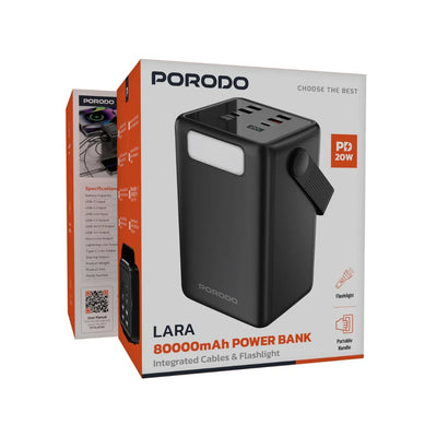 Porodo Lara 80000mAh Power Bank with Integrated Cables & Flashlight - Black