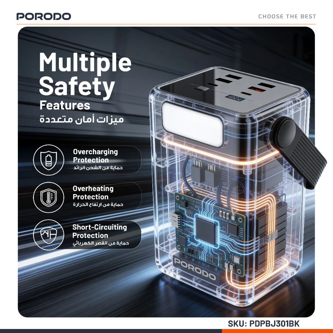Porodo Lara 80000mAh Power Bank with Integrated Cables & Flashlight - Black