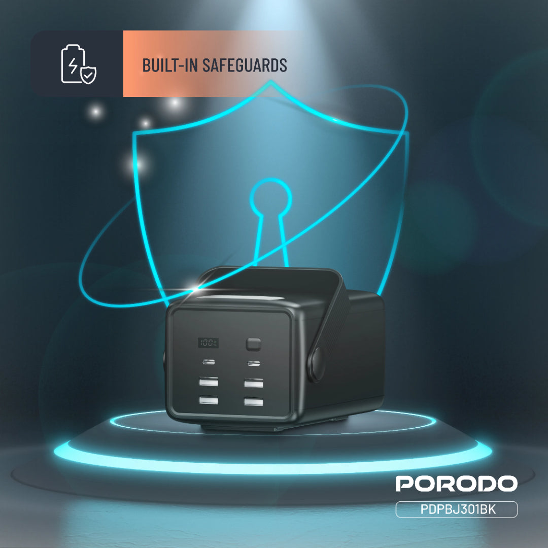 Porodo Lara 80000mAh Power Bank with Integrated Cables & Flashlight - Black