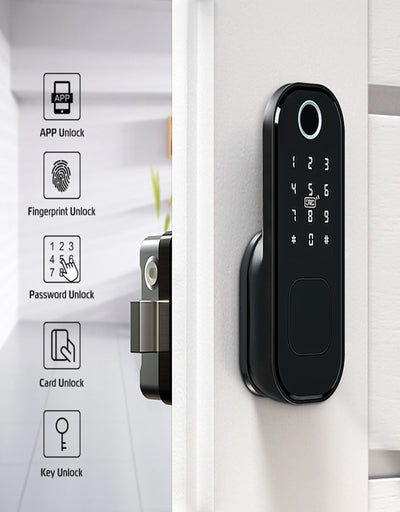 Smart door lock with unlocking methods icons on a white background