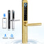 Digital door lock with gold finish and smartphone app interface on a white background
