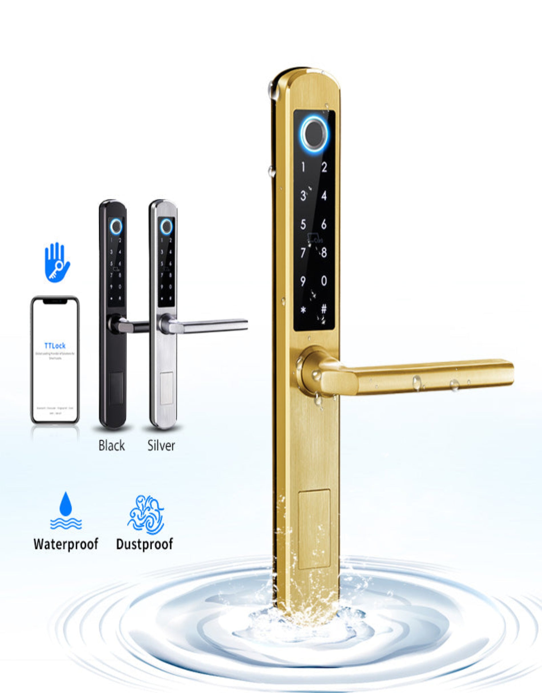 Digital door lock with gold finish and smartphone app interface on a white background