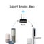 Smart home devices including a router, speakers, and a door lock with text indicating support for Amazon Alexa.