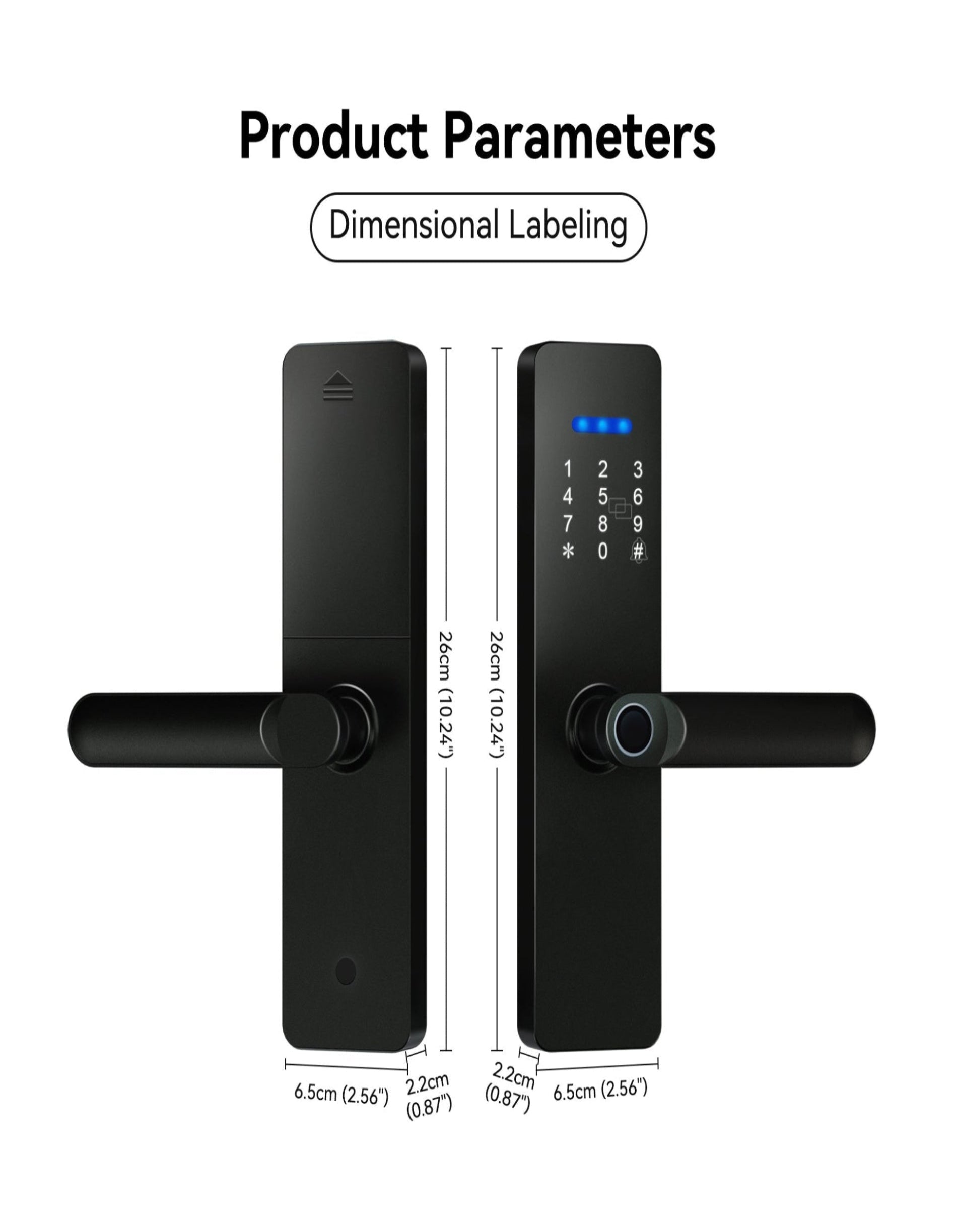 Black digital door lock with dimensions labeled on a white background