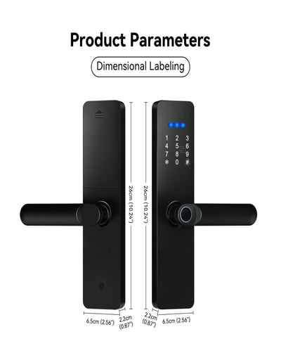 Black digital door lock with dimensions labeled on a white background