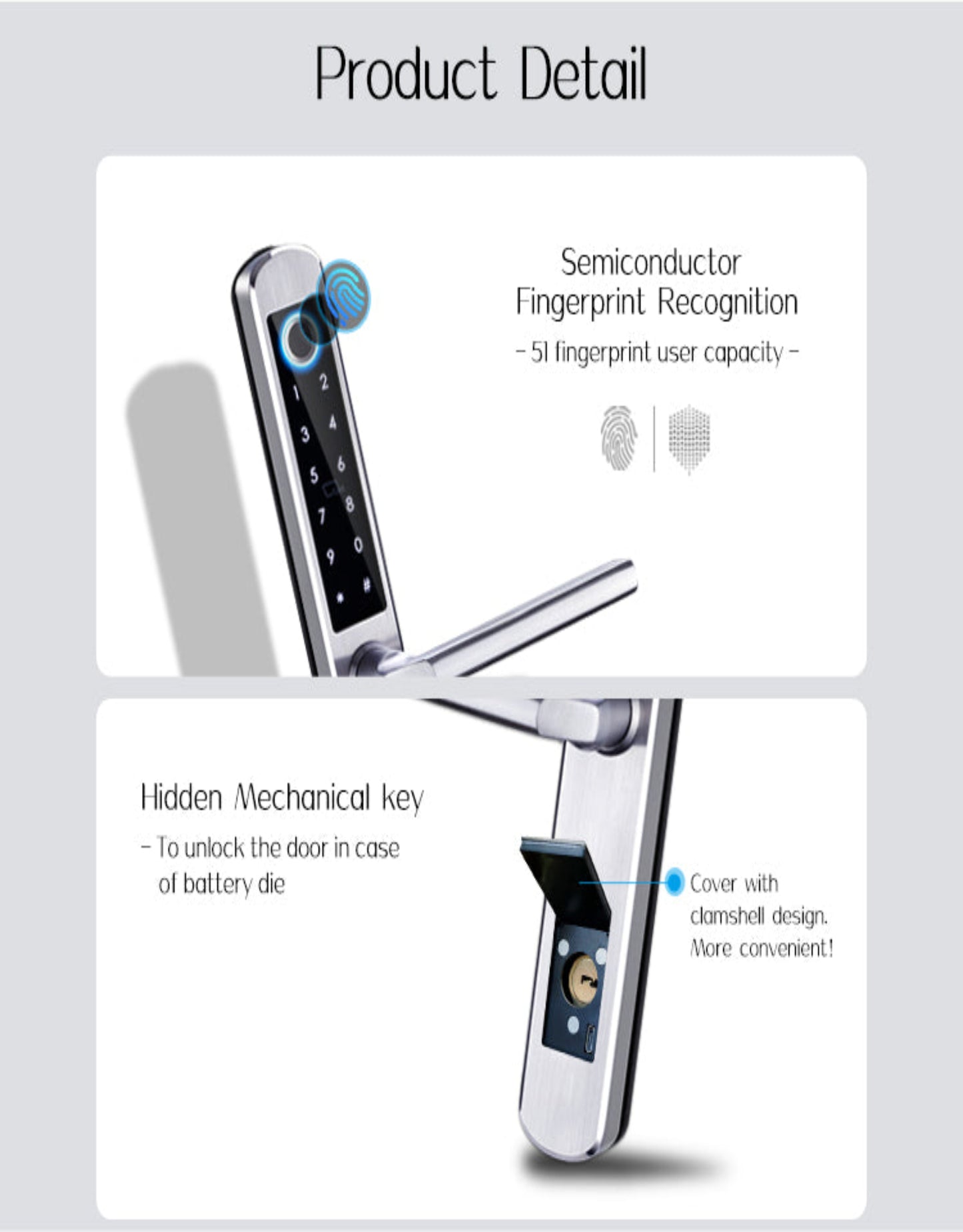 Digital door lock with fingerprint recognition and mechanical key features on a gray background