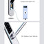 Door lock with emergency USB charging port and 304 stainless steel material text on a white background