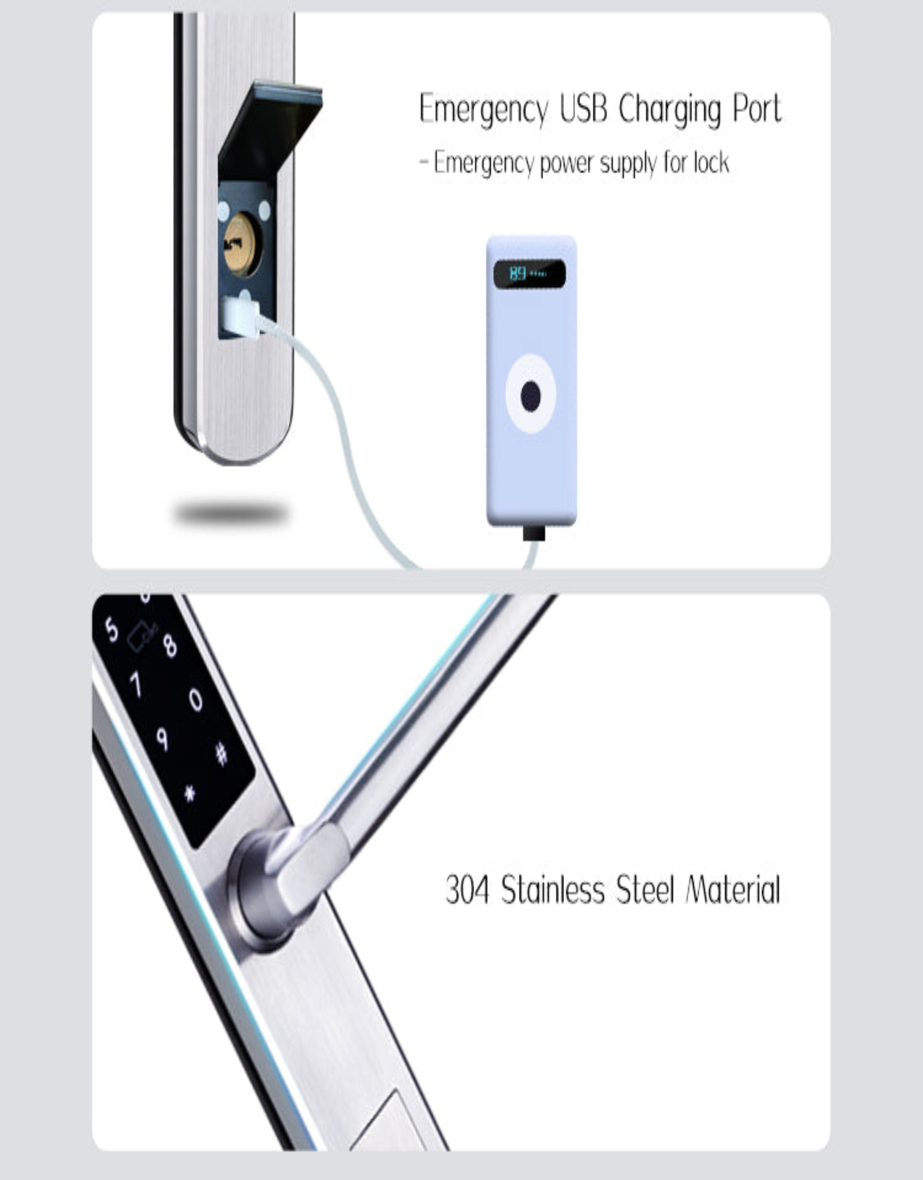Door lock with emergency USB charging port and 304 stainless steel material text on a white background