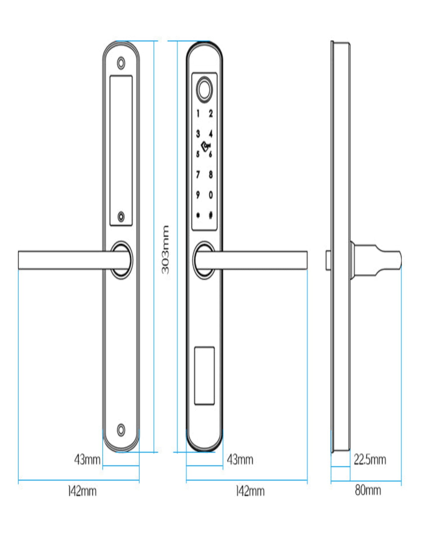 Door handle with digital lock and dimensions on a white background