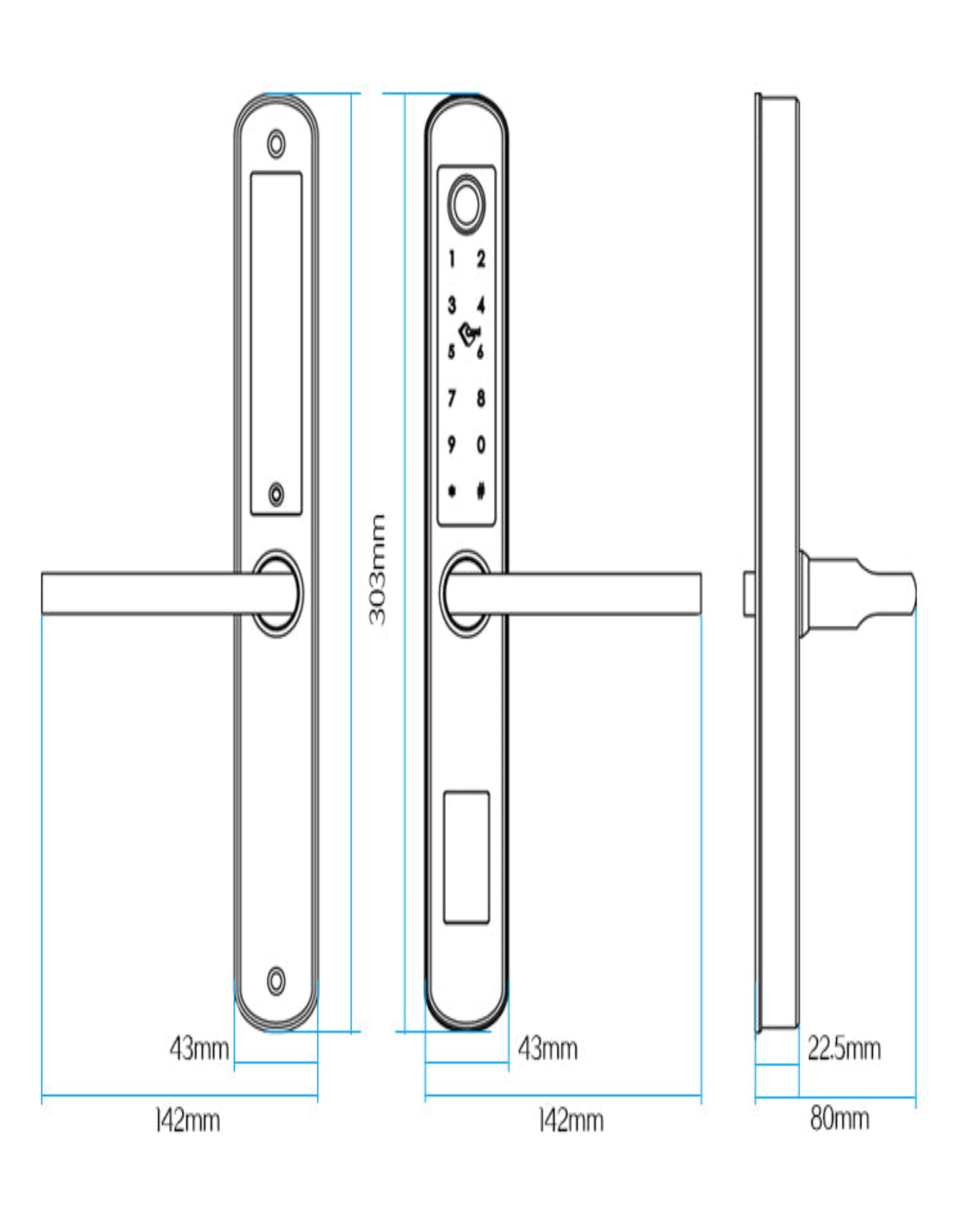 Door handle with digital lock and dimensions on a white background