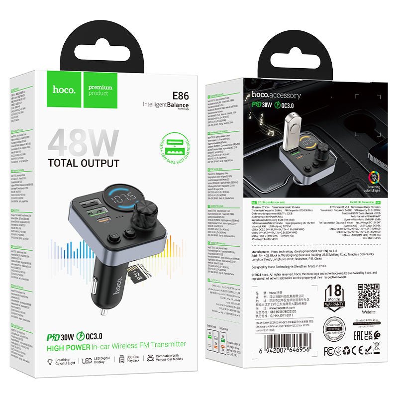 Hoco E86 Alegria Car Charger PD30W QC3.0 Wireless FM Transmitter - Saif Al Najmi KwCar ChargersHocoSaif Al Najmi KwHoco E86 Alegria Car Charger PD30W QC3.0 Wireless FM Transmitter
