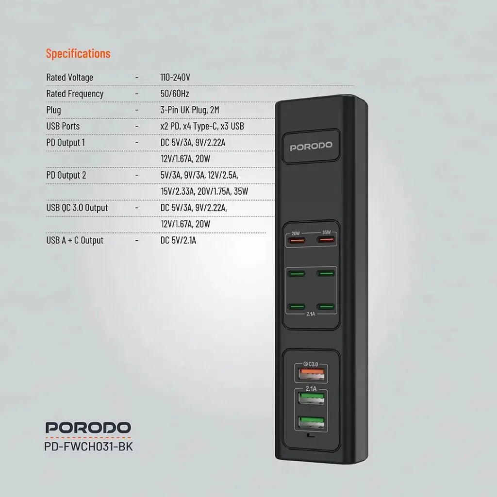 Porodo 85W Multi - Port USB Charging Hub Desktop Charger Black - Saif Al Najmi KwExtension Power SocketPorodoSaif Al Najmi KwPorodo 85W Multi - Port USB Charging Hub Desktop Charger Black
