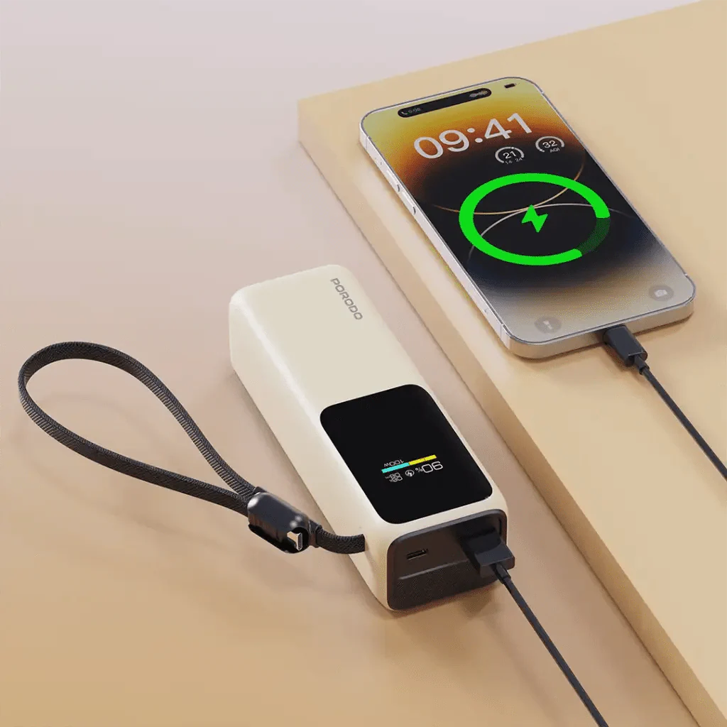 Porodo Smart Display 20000mAh Power Bank Built In Type C Beige - Saif Al Najmi KwPower BanksPorodoSaif Al Najmi KwPorodo Smart Display 20000mAh Power Bank Built In Type C Beige