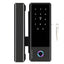 Black electronic door lock with keypad and key fob on a white background