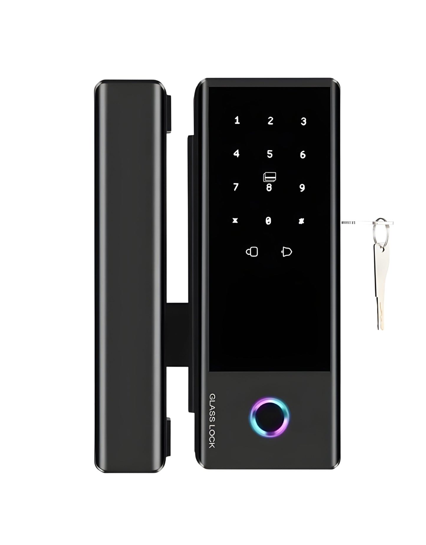 Black electronic door lock with keypad and key fob on a white background