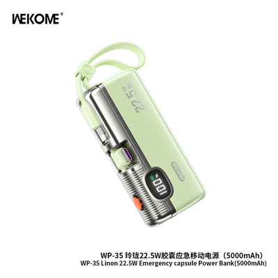WEKOME WP - 35 Emergency Capsule Power Bank 5000mAh – 22.5W Fast Charging + LED Flashlight - Saif Al Najmi KwWireless Power BankswekomeSaif Al Najmi KwGreenWEKOME WP - 35 Emergency Capsule Power Bank 5000mAh – 22.5W Fast Charging + LED Flashlight